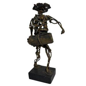 Brutalist Wire Sculpture Man w/ Hand Drum Modern Art Wood Stand Burning Man